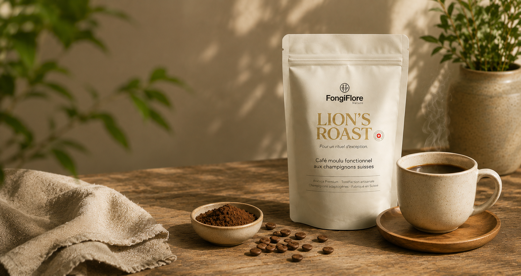 Sachet de café moulu Lion's Roast aux champignons suisses